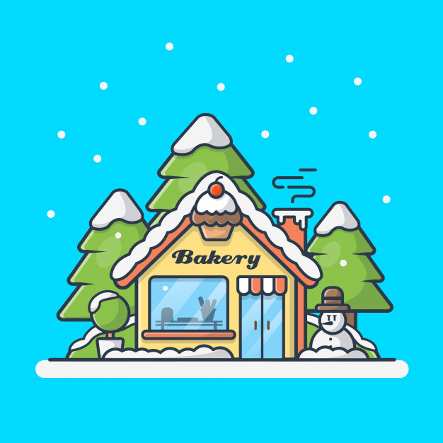 冬季的面包店房子卡通矢量插画