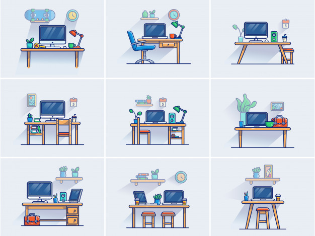 一套办公电脑桌，卡通矢量插画