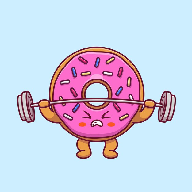 健身减肥，甜甜圈杠铃，卡通矢量图插画