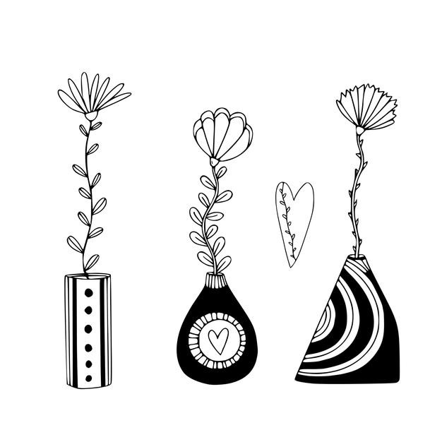 手绘黑白花瓶花朵植物花盆矢量图素材