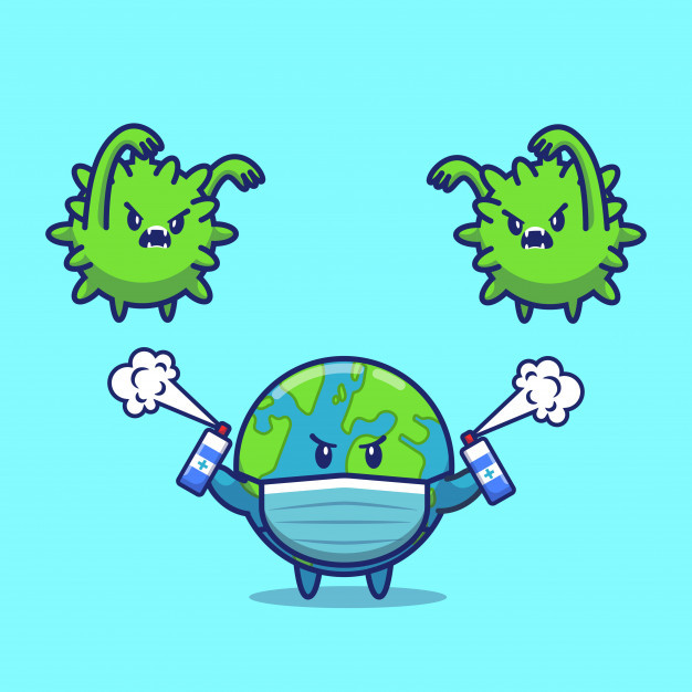 戴口罩的地球，抗疫杀毒，新冠病毒，卡通矢量插画