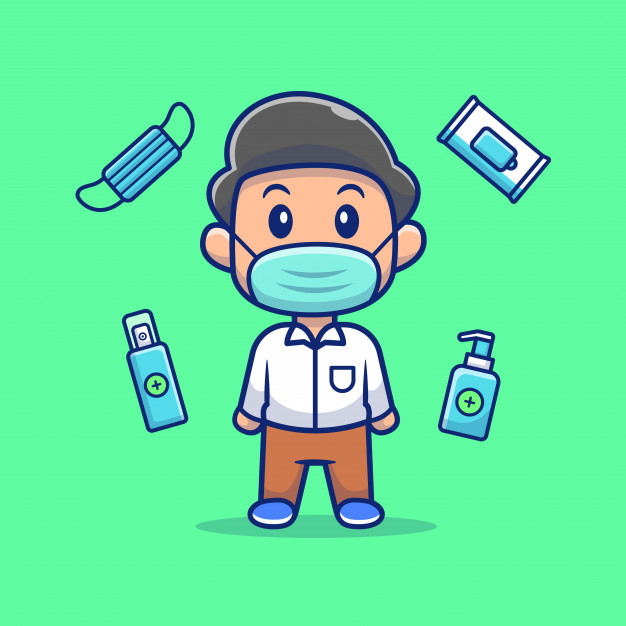 戴口罩的男孩，新冠病毒，卡通矢量图插画