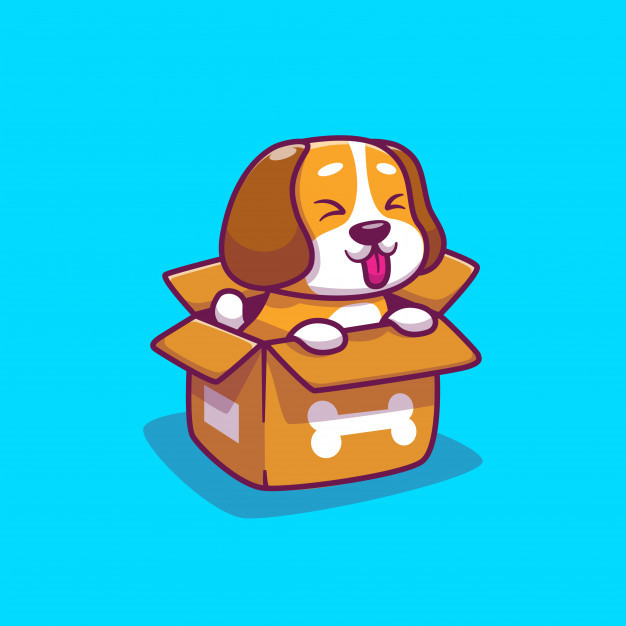 可爱的小狗在纸箱子里,卡通矢量图插画