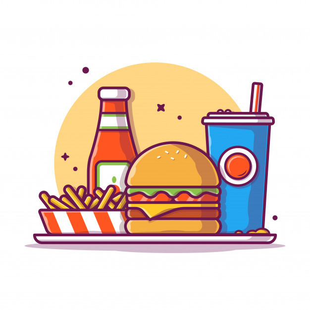 汉堡，薯条，可乐，番茄酱，卡通矢量图插画