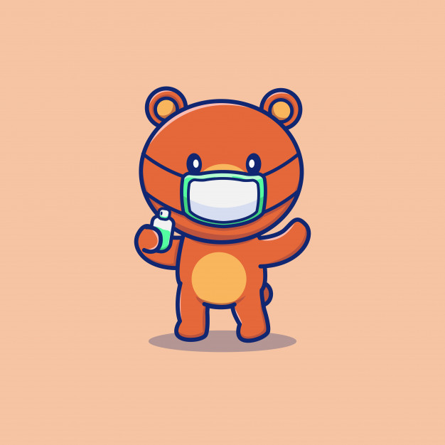 戴口罩的熊洗手，卡通矢量图插画