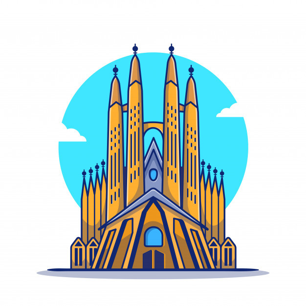 圣家族大教堂，西班牙景点，卡通矢量图插画