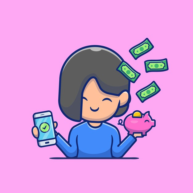 存钱的女孩，储蓄罐，卡通矢量图插画