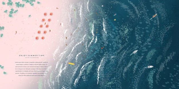 手绘夏天海滩大海插画背景