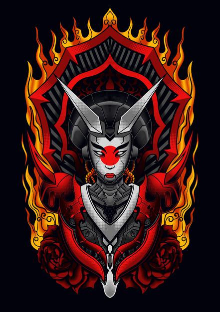 邪恶艺伎机甲机器人日本艺伎女人日式插画