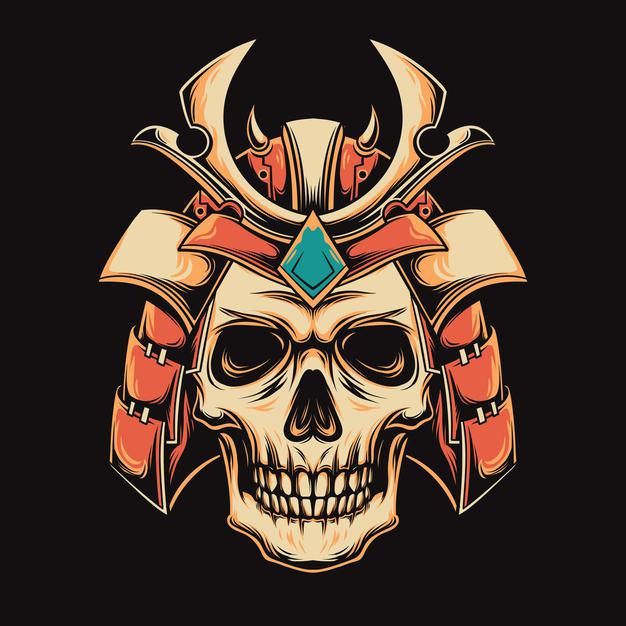 日本武士武将盔甲头盔骷髅头日式插画