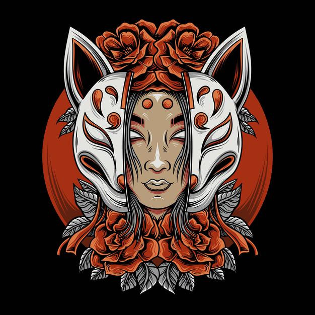 狐狸面具女人日本日式插画