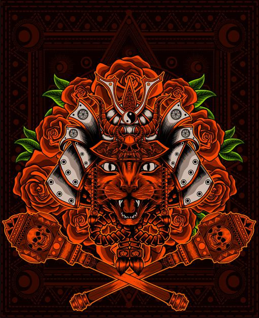 猫日本武士武将盔甲头盔日式插画