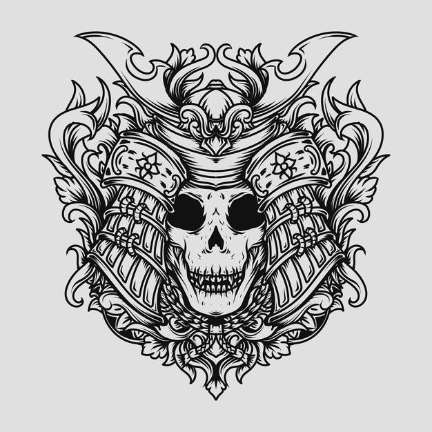 日本武士武将盔甲头盔骷髅日式插画