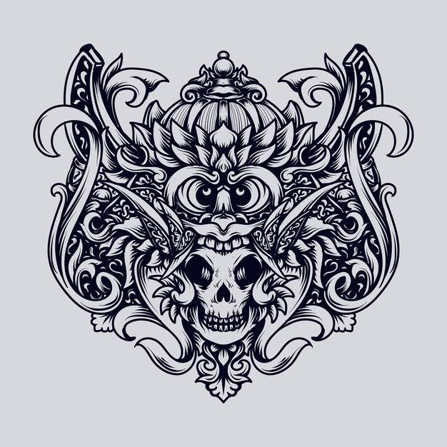 日本花卉头冠骷髅头日式插画