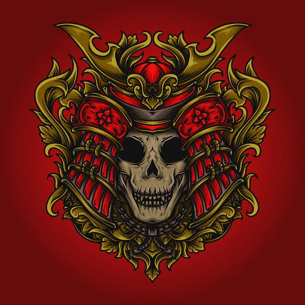 日本武士武将盔甲头盔骷髅日式插画