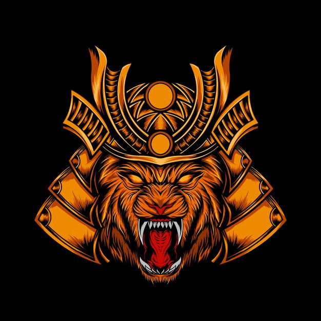 愤怒的狮子日本武士武将盔甲头盔日式插画