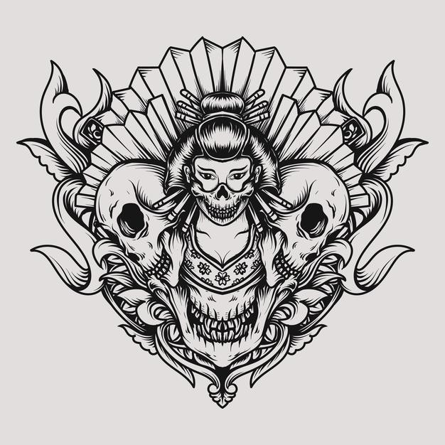 纹身t恤日本艺伎女人骷髅日式插画