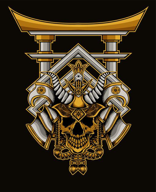 日本武士武将盔甲头盔骷髅日式插画