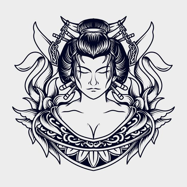 黑白手绘日本艺伎女人日式插画