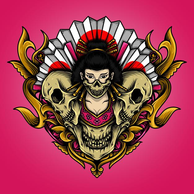 日本艺伎女人骷髅日式插画