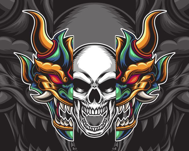 日本魔鬼恶魔鬼面具能面骷髅日式插画