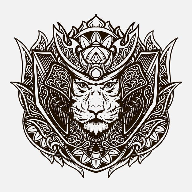 老虎日本武士武将盔甲头盔日式插画