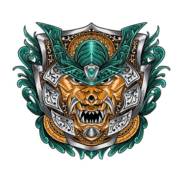 日本武士武将盔甲头盔面具日式插画