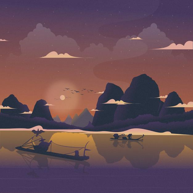 夜晚的漓江风景插画