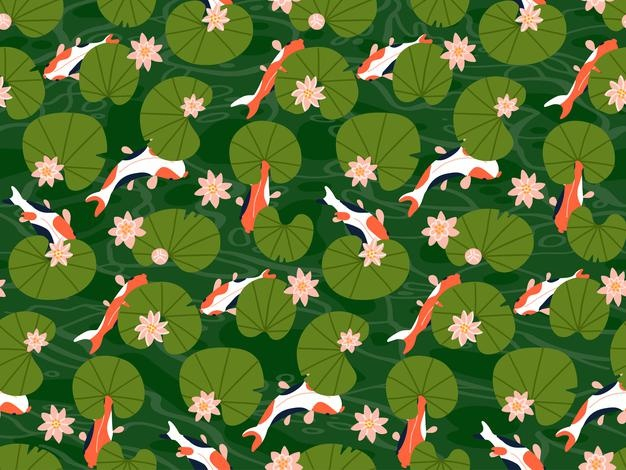 鲤鱼锦鲤荷塘荷叶荷花无缝花纹图案