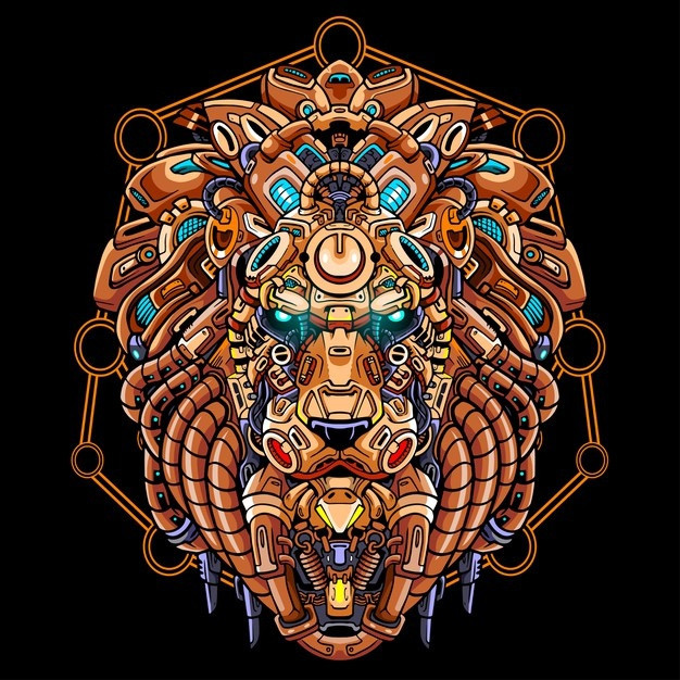 机械狮子吉祥物电子竞技标志logo插画