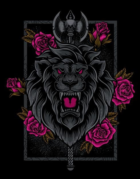 玫瑰花狮子头与斧子徽章插画