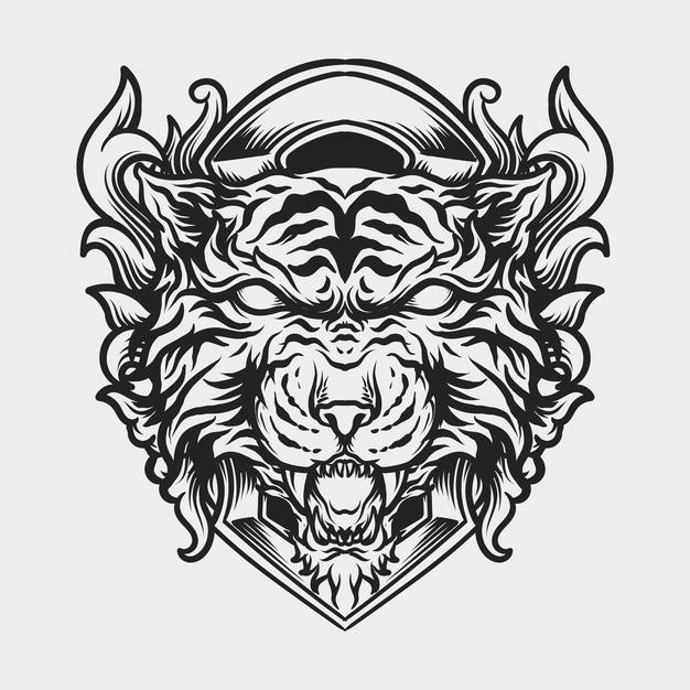 纹身T恤印花老虎雕刻装饰插画