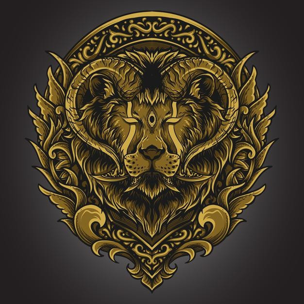 艺术羊角狮子雕刻装饰插画