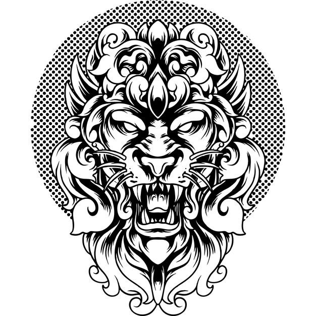 黑白狮子头装饰徽章插画