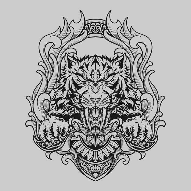 手绘老虎猛兽T恤印花纹身插画