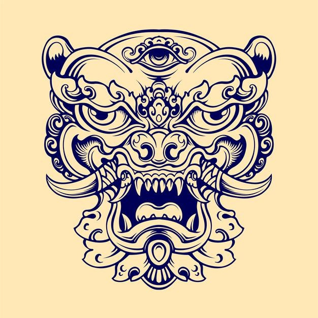 狮子面具门环传统插画