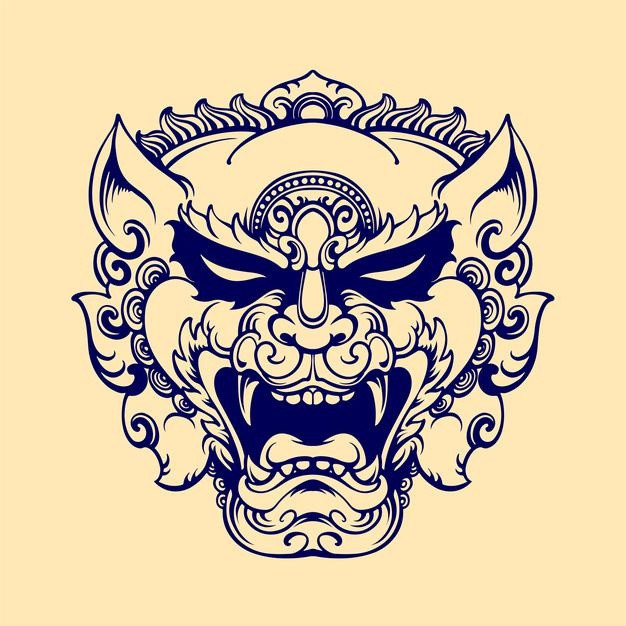 狮子面具门环传统插画