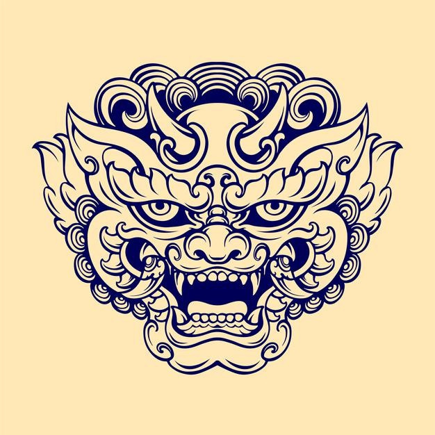 狮子面具门环传统插画