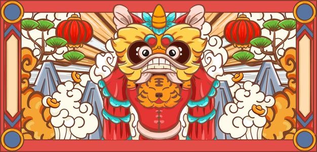 中国风国潮老虎舞狮插画