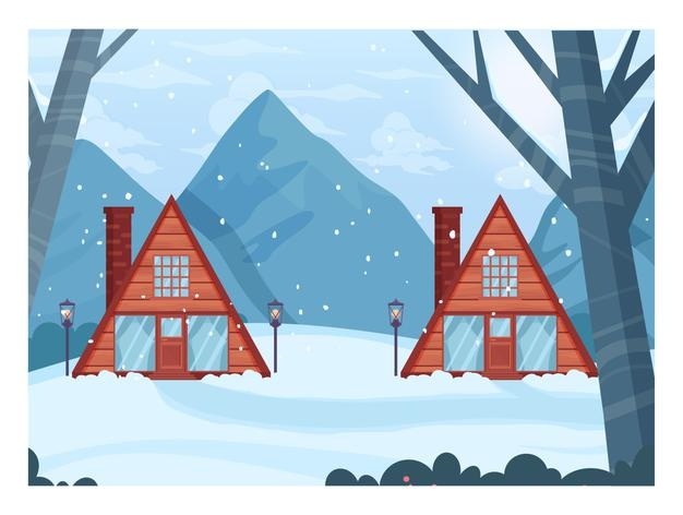 冬季森林木屋风景插画