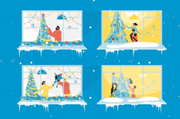 窗户圣诞节装饰圣诞树的男人女人小孩插画矢量图素材