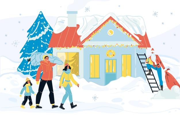 圣诞老人被雪覆盖的房屋家庭男人女人小孩插画矢量图素材