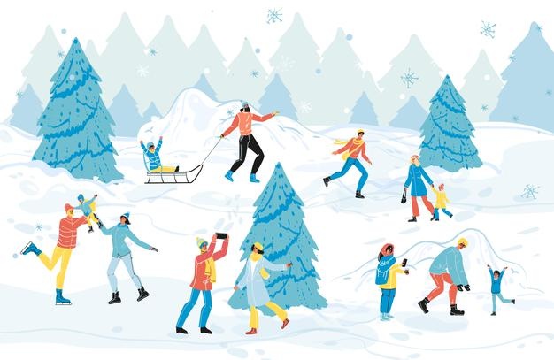 冬季雪地运动玩耍男人女人小孩场景插画矢量图素材