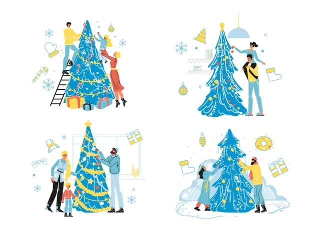 装饰圣诞树，家庭男人女人圣诞节插画矢量图素材