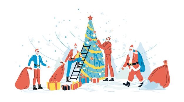 圣诞老人装饰圣诞树圣诞节插画矢量图素材