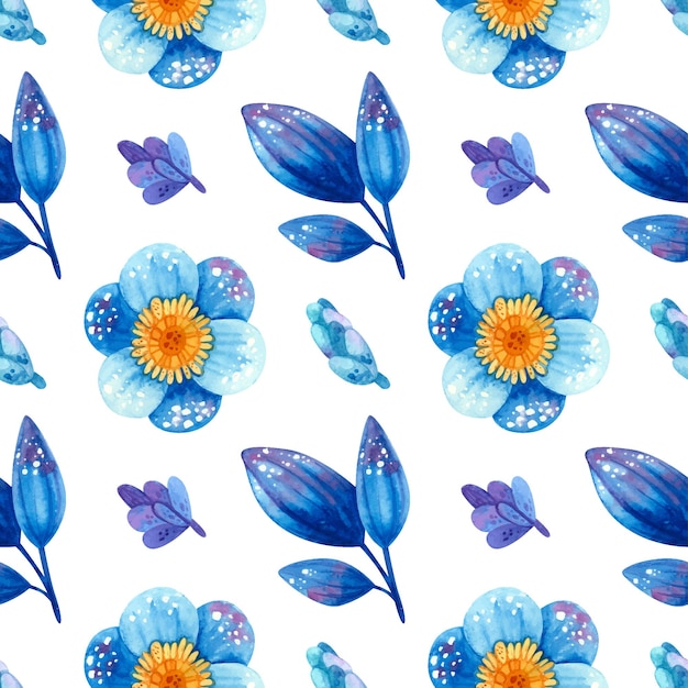 蓝色植物水彩叶子花朵无缝花纹图案