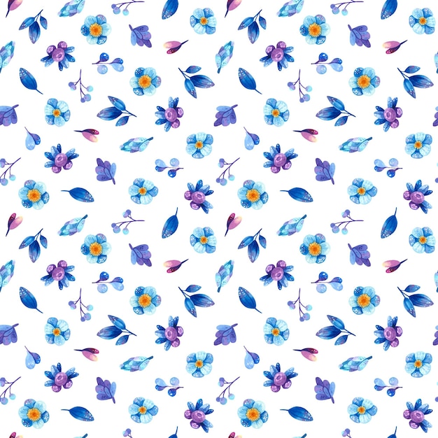 蓝色紫色花朵叶片无缝花纹图案