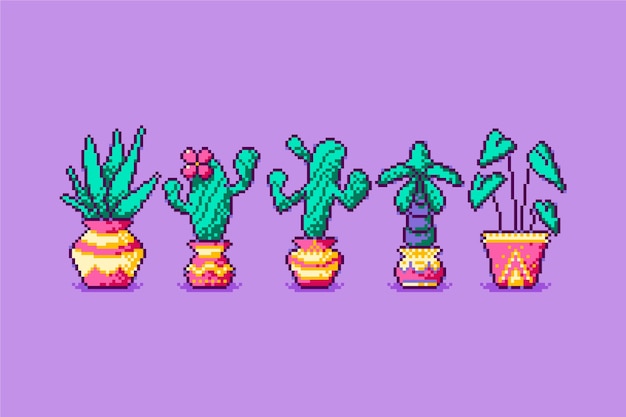 像素风格仙人掌盆栽植物元素