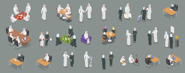 阿拉伯人工作电话交谈吃晚餐放松插画元素