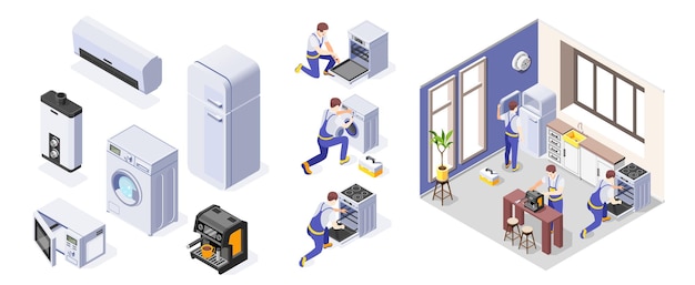家电空调冰箱洗衣机咖啡机微波炉热水器等距插画元素
